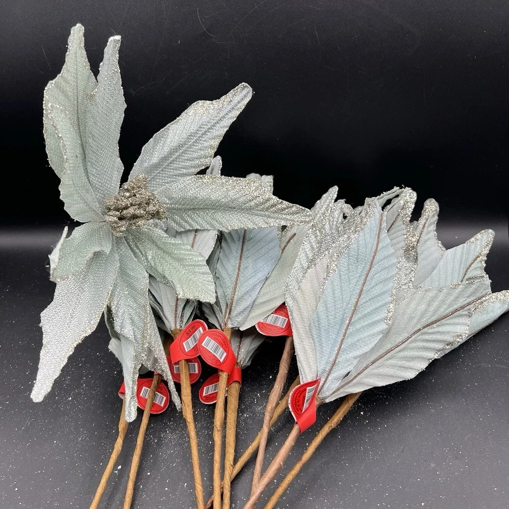 10 CHRISTMAS Poinsettia Sea Aqua Blue Silver Glitter Tree Decor Floral Pick Stem